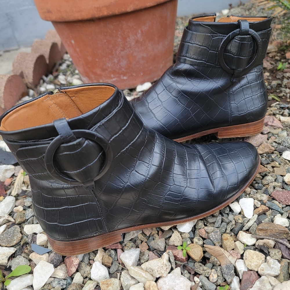 Black Croc-Embossed Ankle Boots